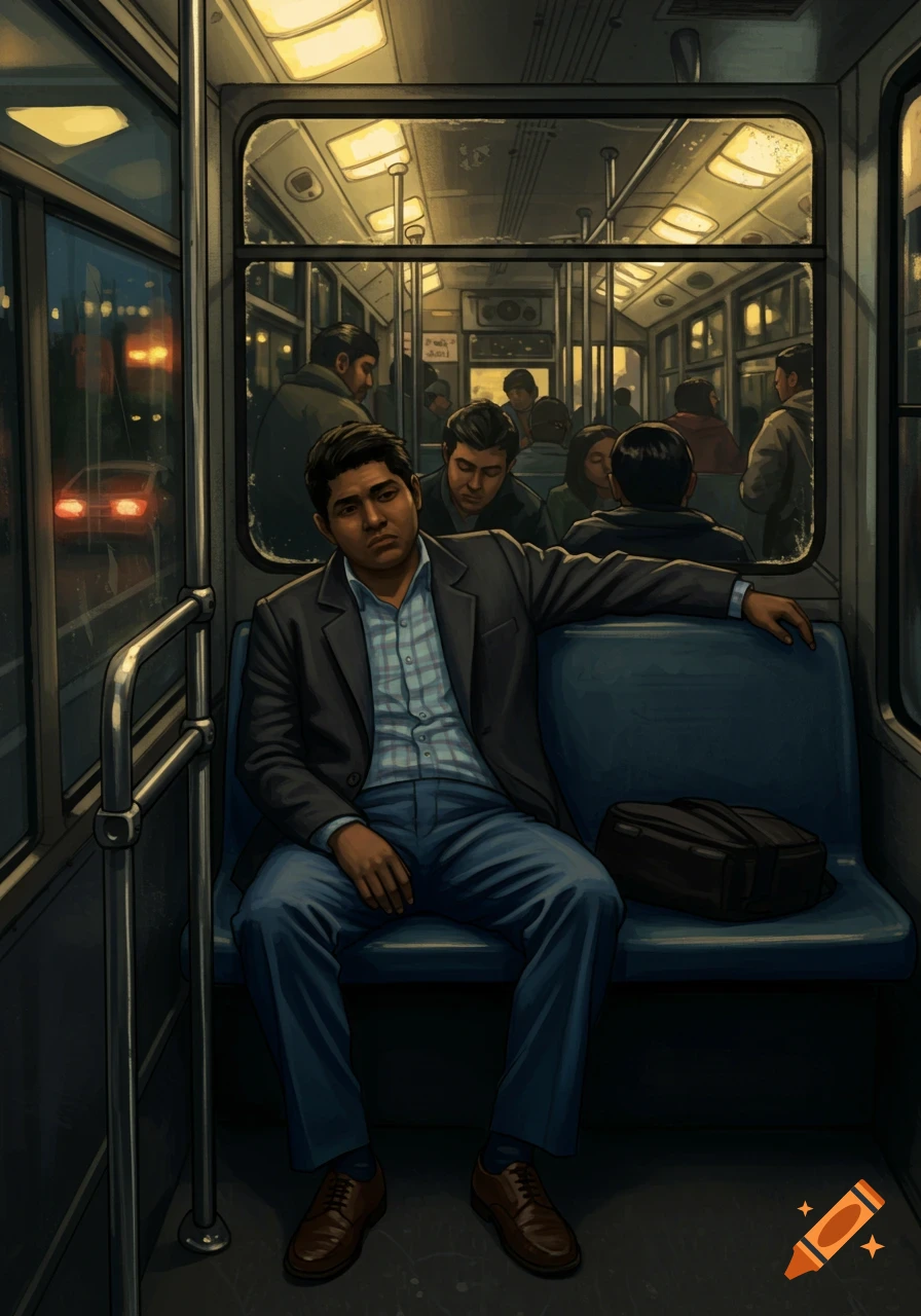 A young man in a plaid shirt and jacket sits on a crowded bus at dusk, with other passengers visible through the window.