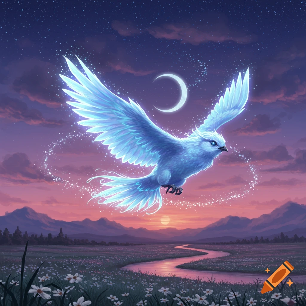 A glowing light blue bird with widespread wings flies over a winding river and flower field at sunset, with a crescent moon and stars.