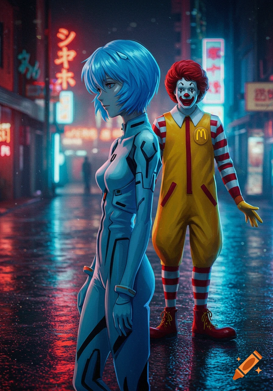 Rei Ayanami and Ronald McDonald stand on a wet, neon-lit cyberpunk city street at night.