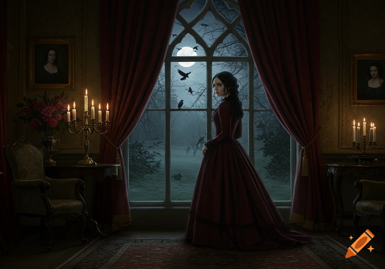 Gothic woman in a red dress by a grand window looking out at a moonlit, misty forest with crows.
