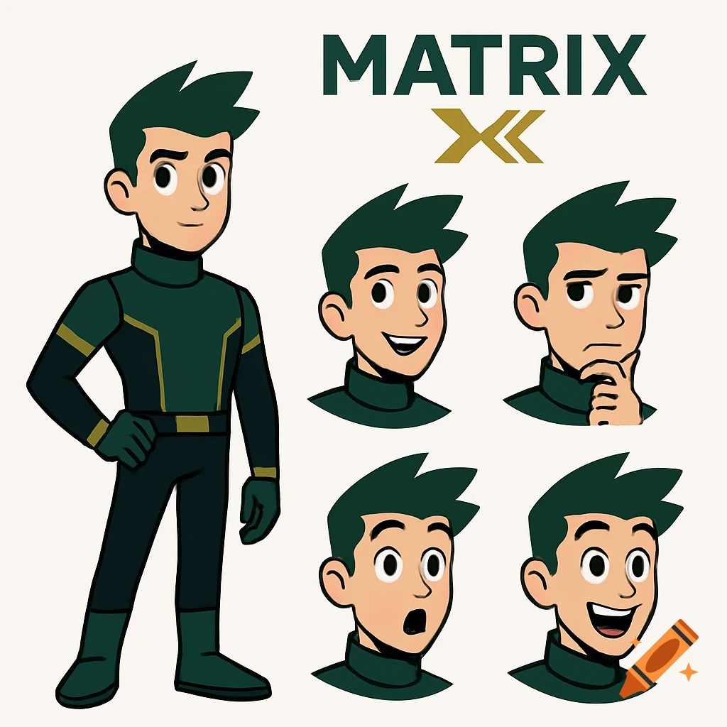 A cartoon character design of a male superhero-like figure in a dark green and olive-yellow suit, with five headshots showing different emotions: happy, neutral, thinking, surprised, and excited. A "MATRIX X" logo is in the top right.