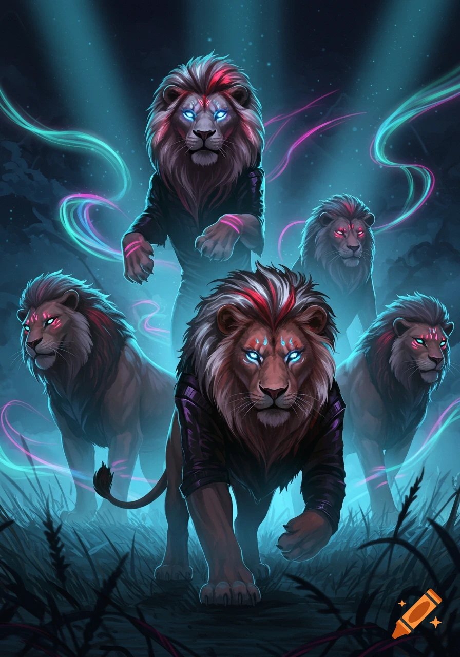 Five stylized fantasy lions with glowing eyes and colorful manes, one wearing a jacket, in a dark, neon-lit environment.