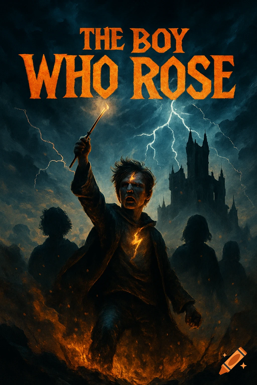 Epic fantasy digital painting of a young wizard raising a glowing wand under a stormy sky with lightning and a dark castle, title 'THE BOY WHO ROSE'.