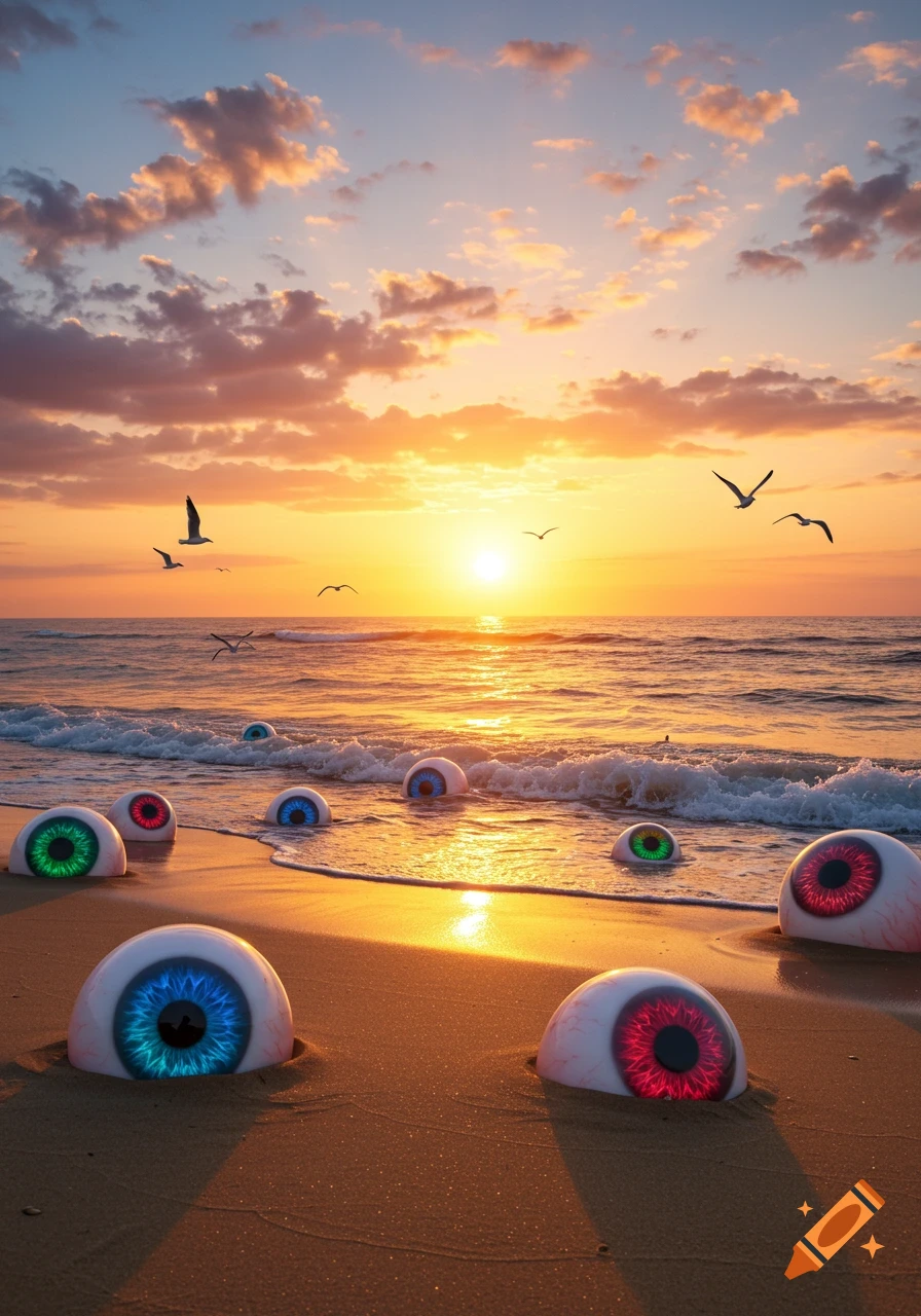 Surreal photorealistic image of large, colorful eyeballs partially buried in sand on a beach at sunset with waves and seagulls.