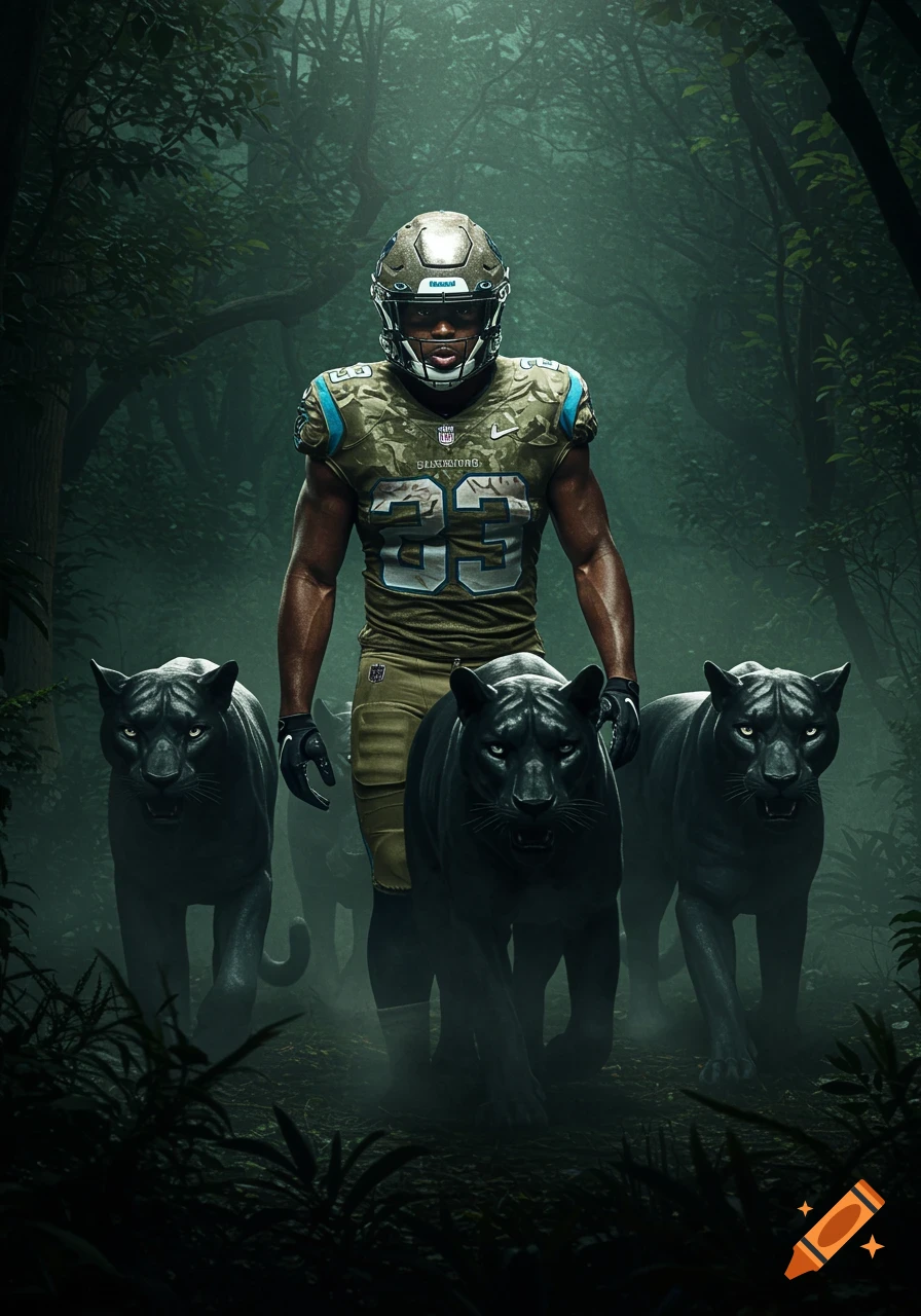 An NFL player in a camouflage uniform and helmet stands in a misty jungle, flanked by three black panthers.
