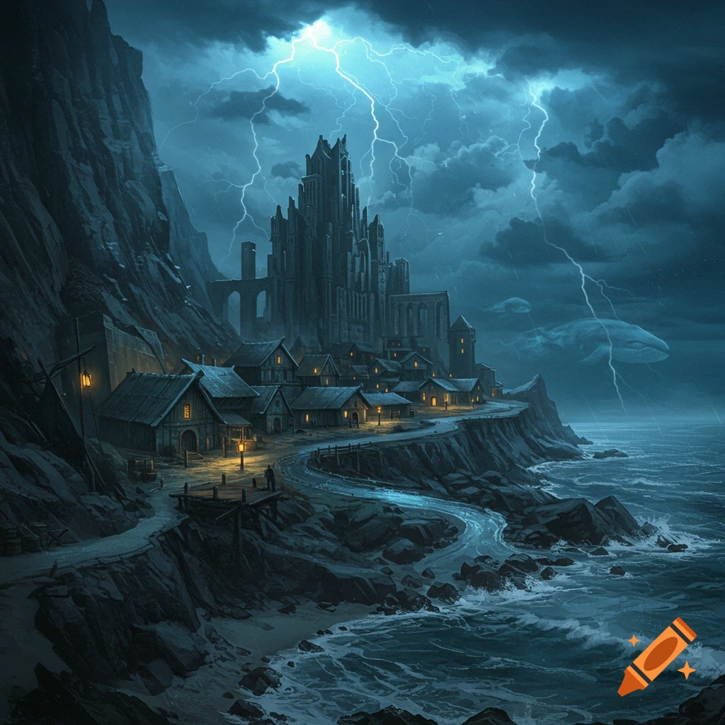 A dark fantasy town with a gothic castle on a rocky coast under a stormy, lightning-filled sky.