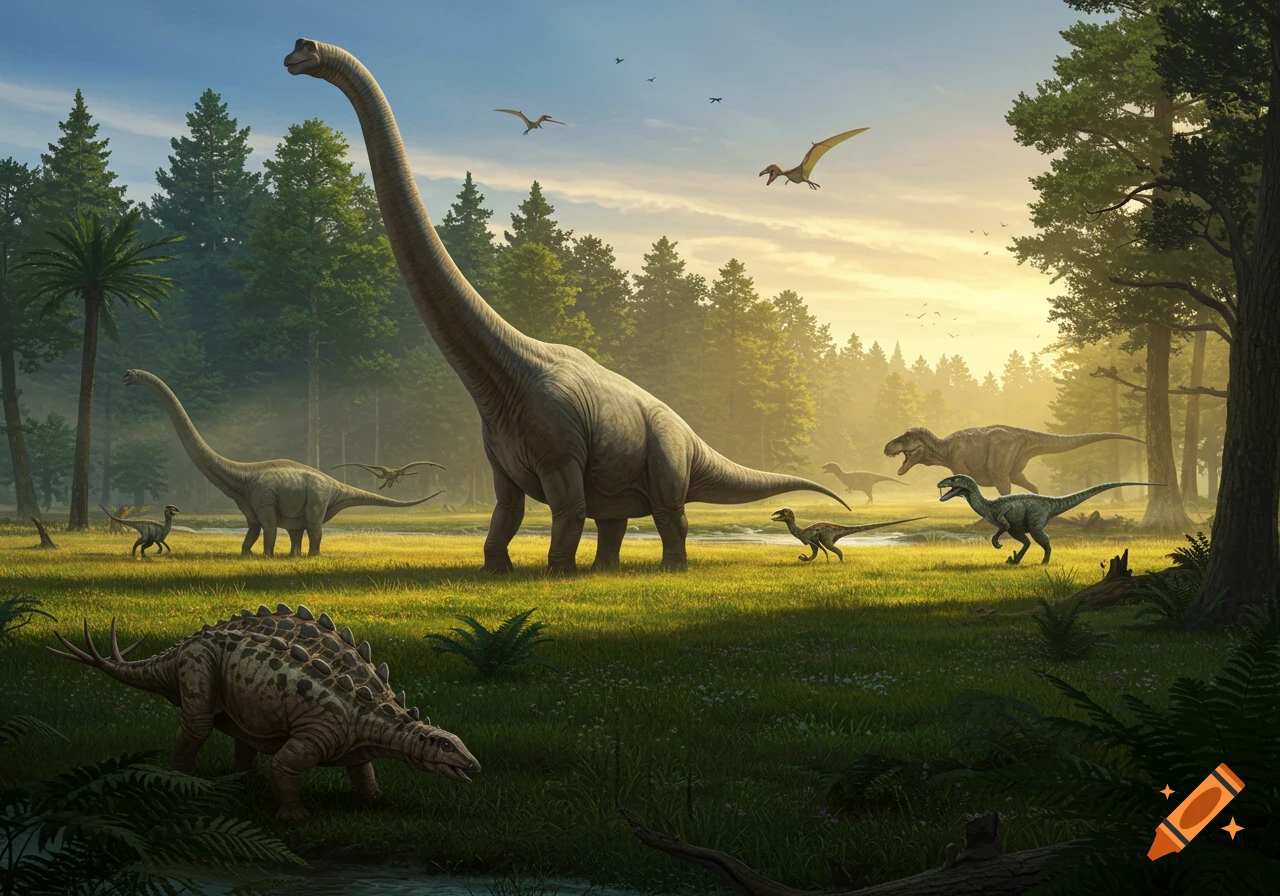 Various dinosaurs, including a long-necked Brachiosaurus, a T-Rex, and other species, in a lush prehistoric forest at sunset.