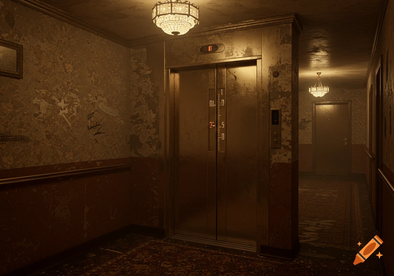 A dimly lit, old motel hallway with peeling wallpaper, featuring a vintage elevator and ornate chandeliers. The elevator panel shows the number '2' in red.