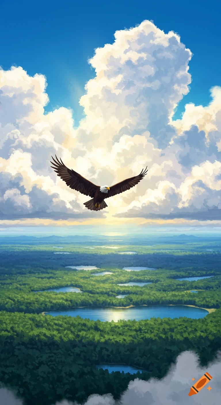 Majestic bald eagle soaring over a lush green forest with lakes under a blue, cloudy sky in a stylized illustration.