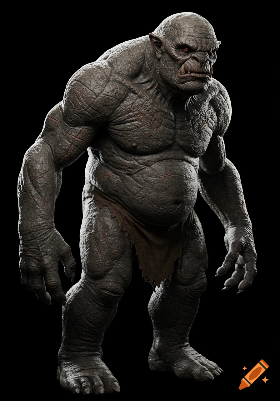 A muscular, grotesque gray cavetroll with glowing red eyes, tusks, and a torn loincloth stands against a black background.