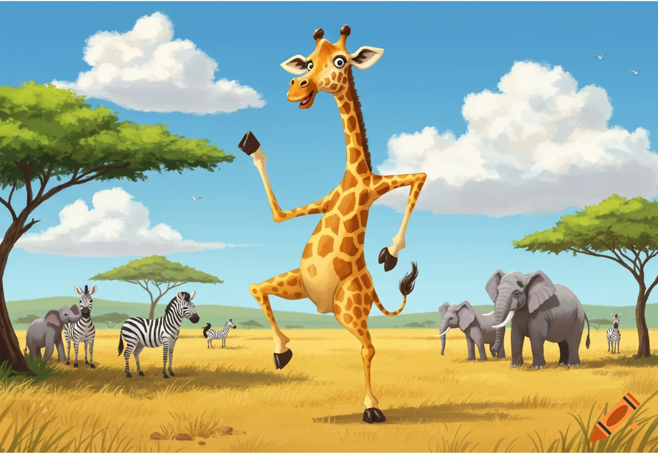 A cartoon giraffe prances on one leg in a sunny African savanna, with zebras and elephants in the background.