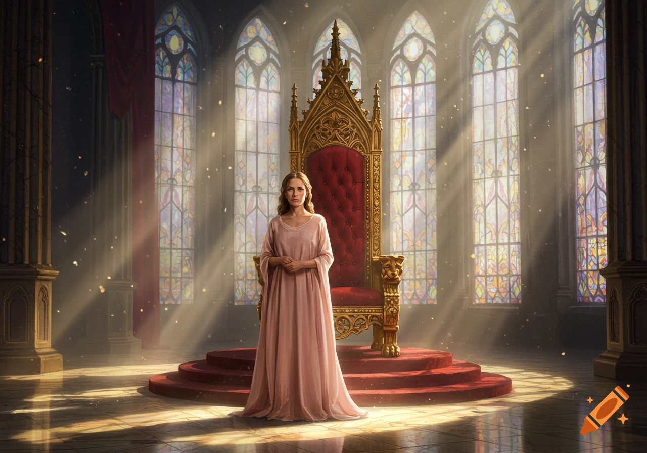 A young woman in a modest pink gown stands before an ornate golden throne in a sunlit gothic hall with stained glass windows.