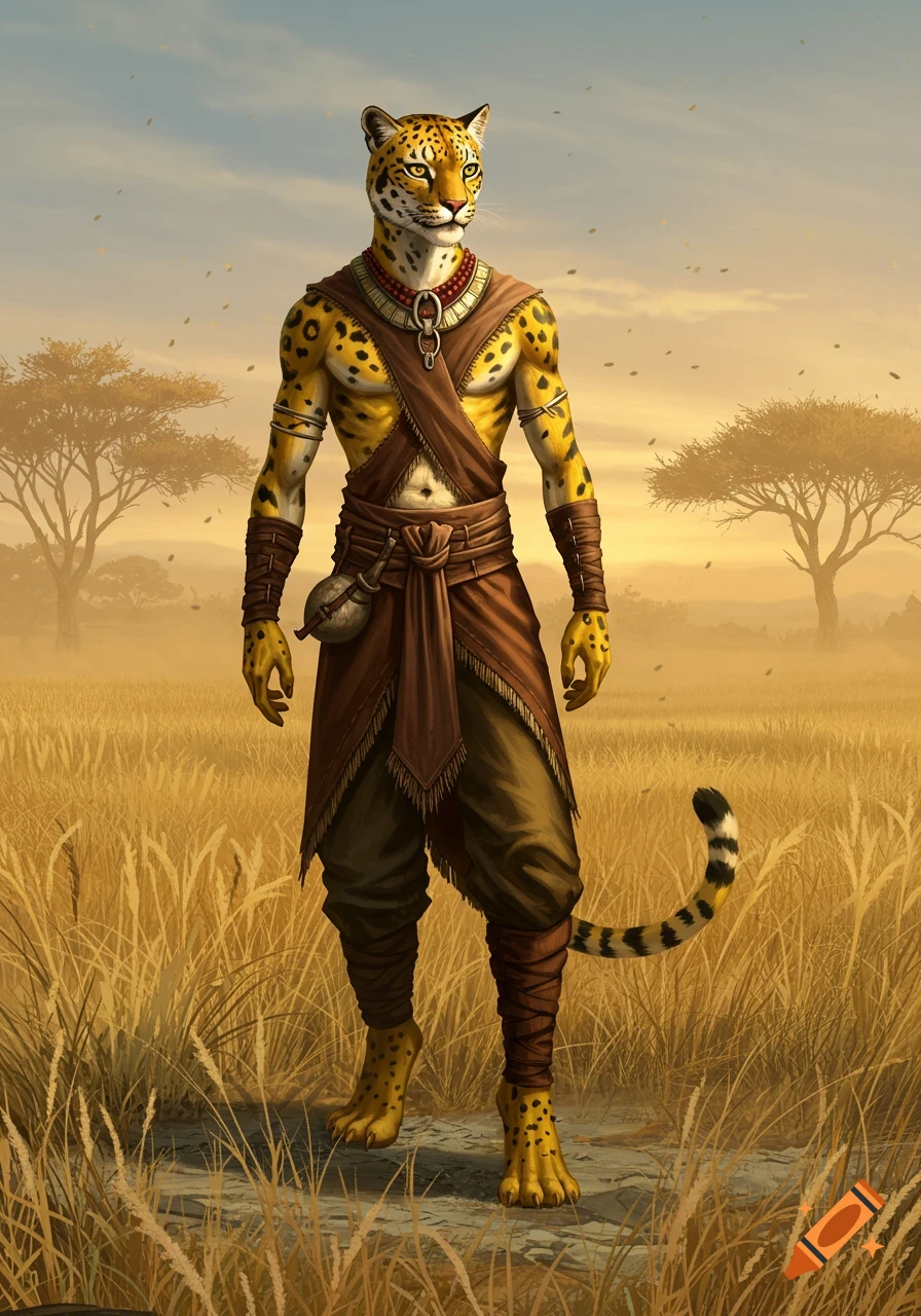 Anthropomorphic leopard warrior in tribal attire stands in a golden savanna with acacia trees at sunset, digital art.