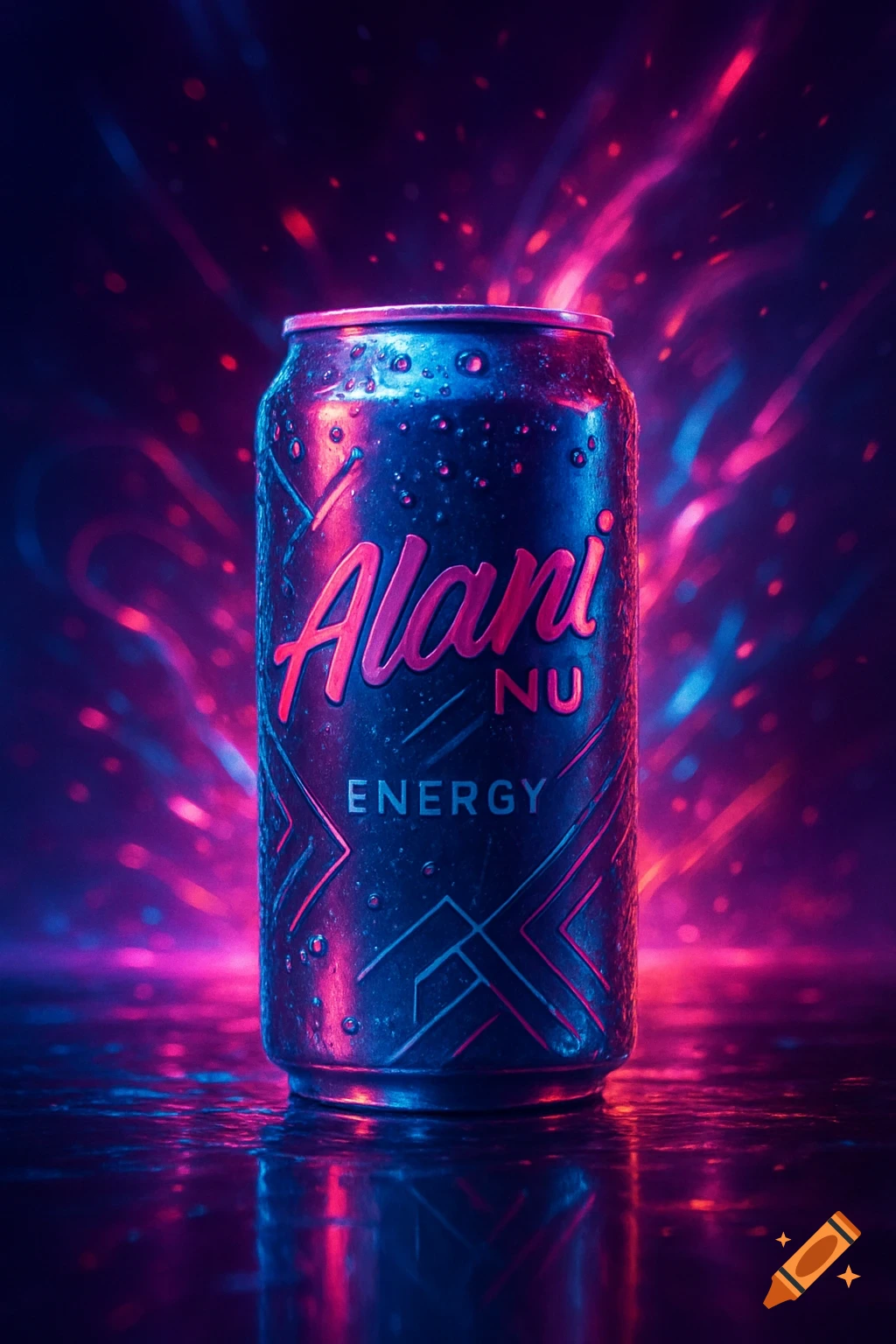 A neon-lit energy drink can with condensation reflects on a wet surface with glowing pink and blue light trails.