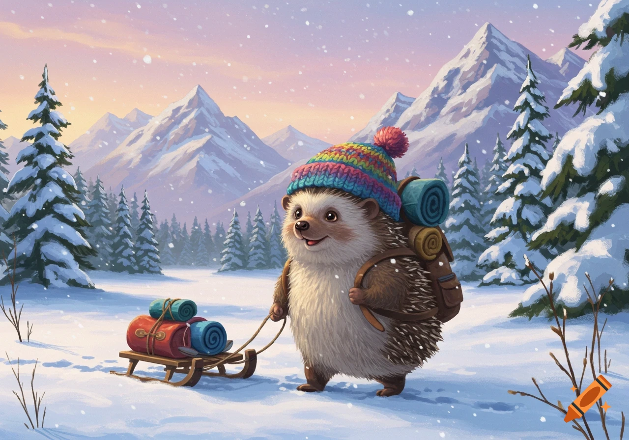 A cute anthropomorphic hedgehog wearing a colorful hat and backpack, pulling a sled through a snowy mountain forest at sunrise.