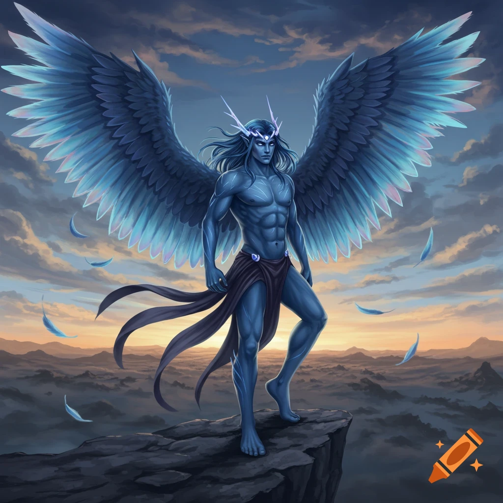 Blue-skinned muscular male with large blue wings stands on a rocky cliff, overlooking a misty landscape at sunset, in an anime fantasy style.