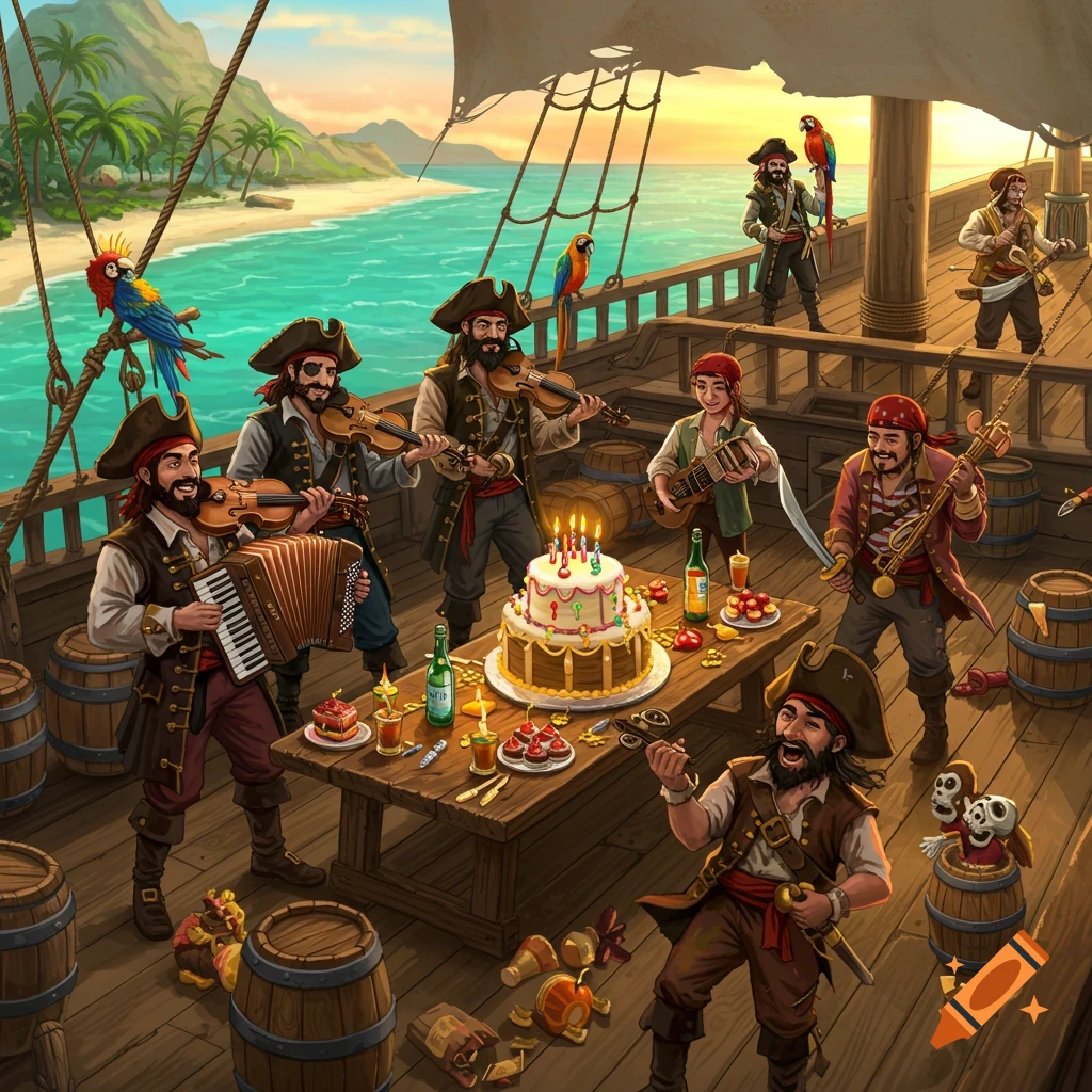 A jovial group of cartoon-style pirates celebrates a birthday on a ship deck with a cake, musical instruments, and parrots.