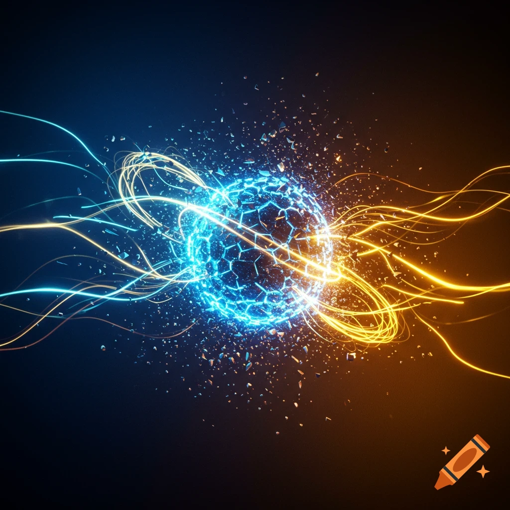 Vibrant blue and orange glowing energy sphere with swirling light trails on a dark background.