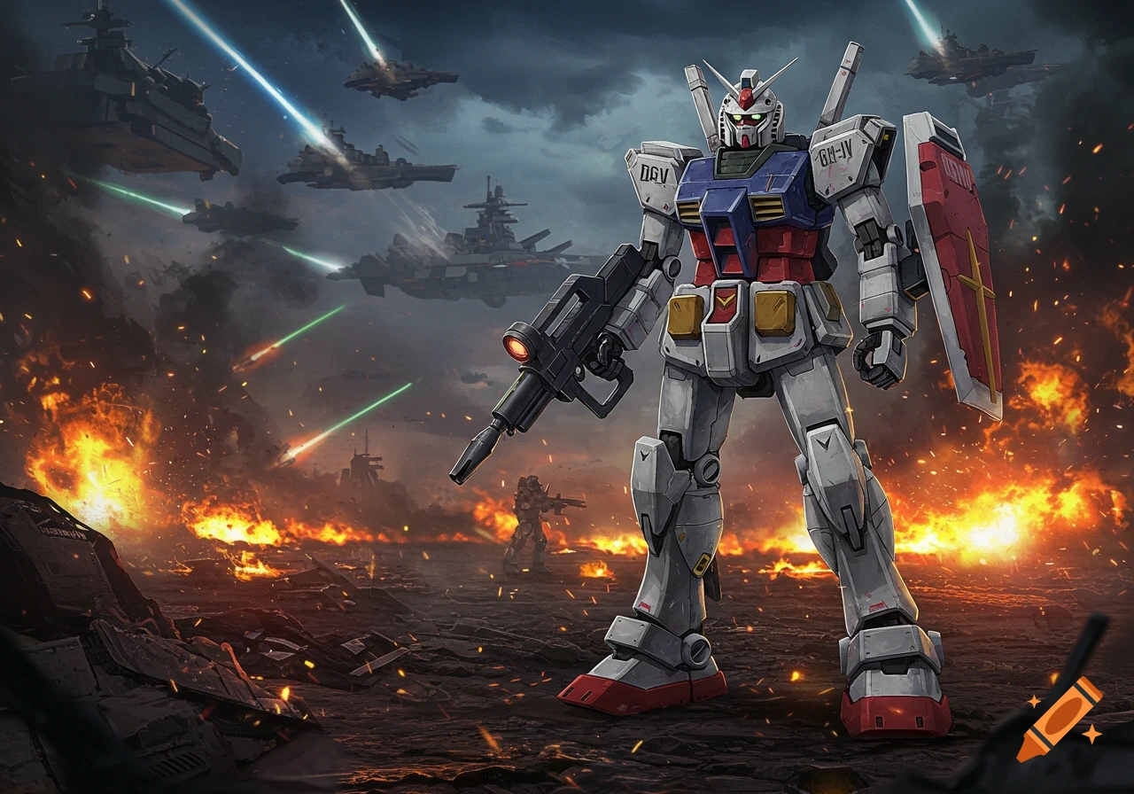 A giant white, red, and blue mecha (Gundam) stands on a burning battlefield as futuristic battleships fly and fire in a stormy sky.