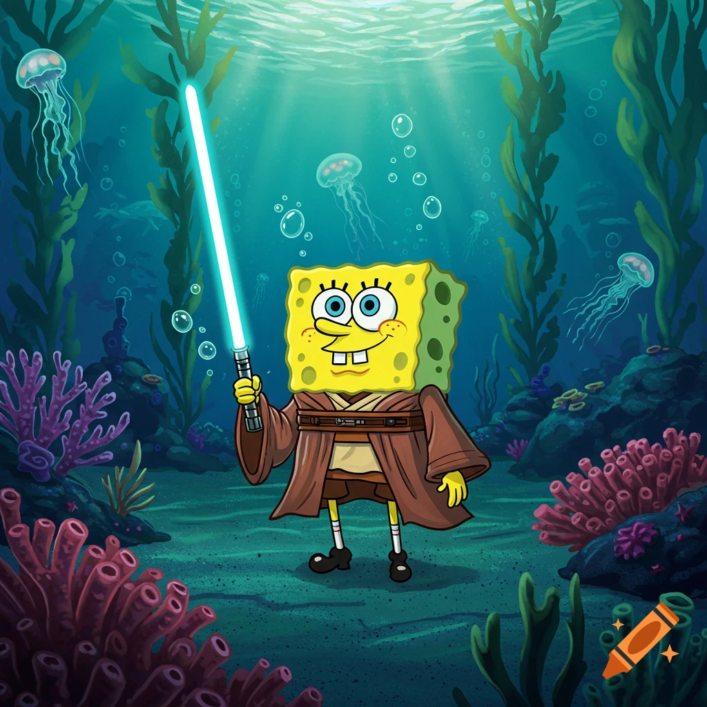 SpongeBob SquarePants as a Jedi, holding a blue lightsaber underwater in a vibrant cartoon style.