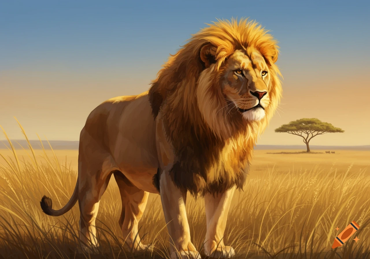 A majestic lion stands prominently in a golden savanna landscape under a clear blue and orange sky, with an acacia tree in the distance.