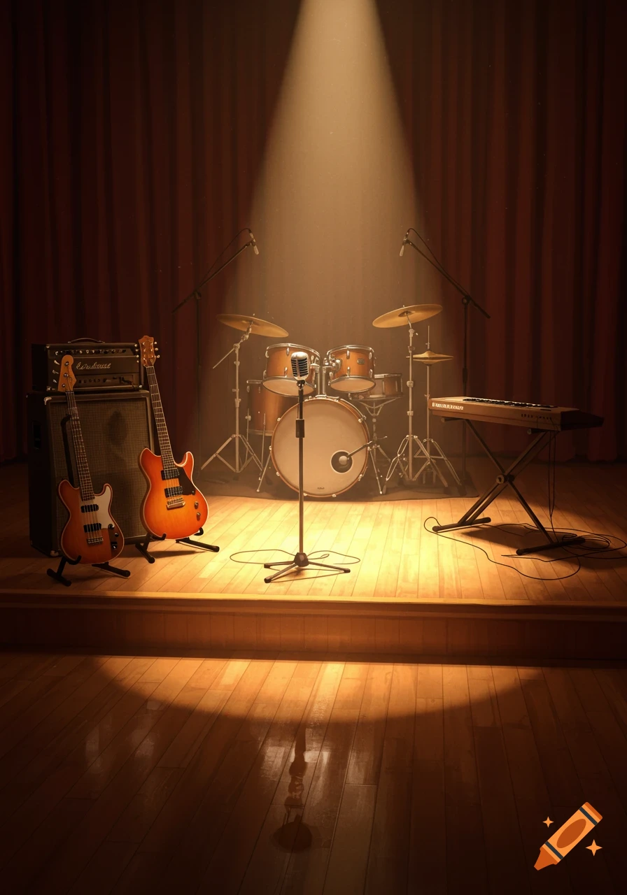 Empty music stage with guitars, bass, drum set, keyboard, and microphone under a bright spotlight.