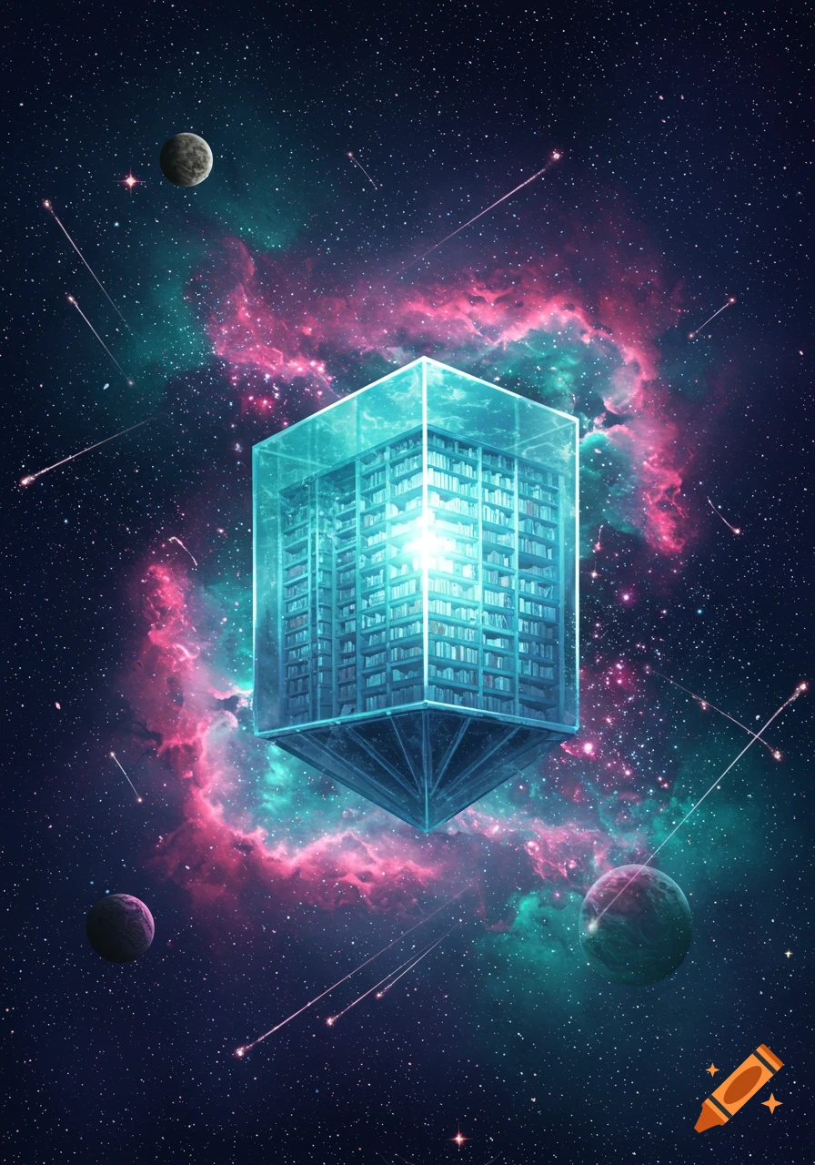 A glowing glass library cube floats majestically in deep space, surrounded by vibrant pink and teal nebulae, stars, and planets.