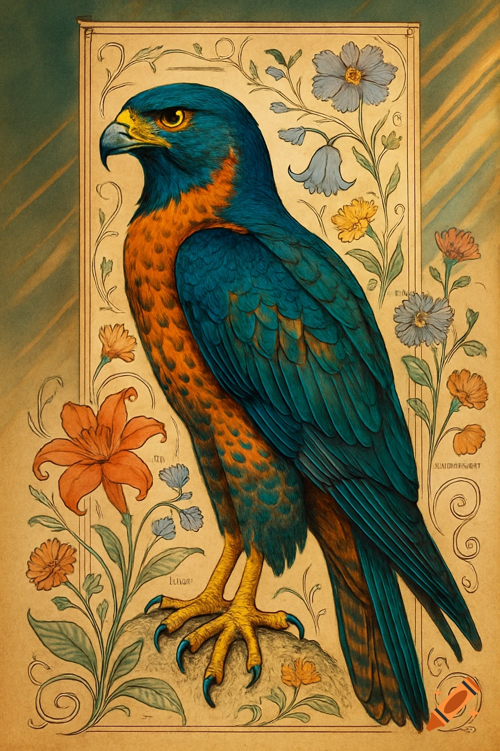 A vibrantly colored scientific illustration of a teal and orange raptor bird against a rectangular botanical blueprint background.