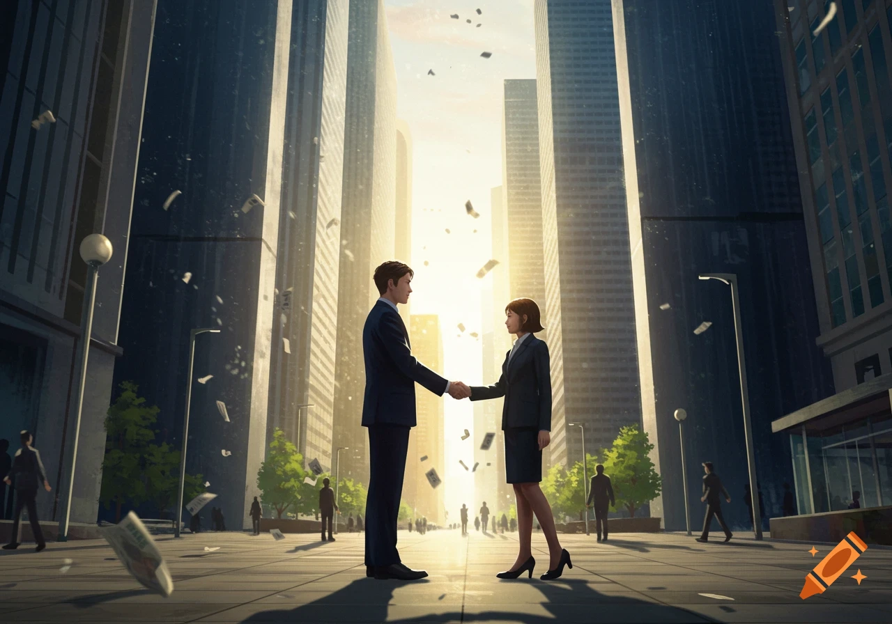 Two business people shake hands on a sunlit city street with tall skyscrapers and money floating around.
