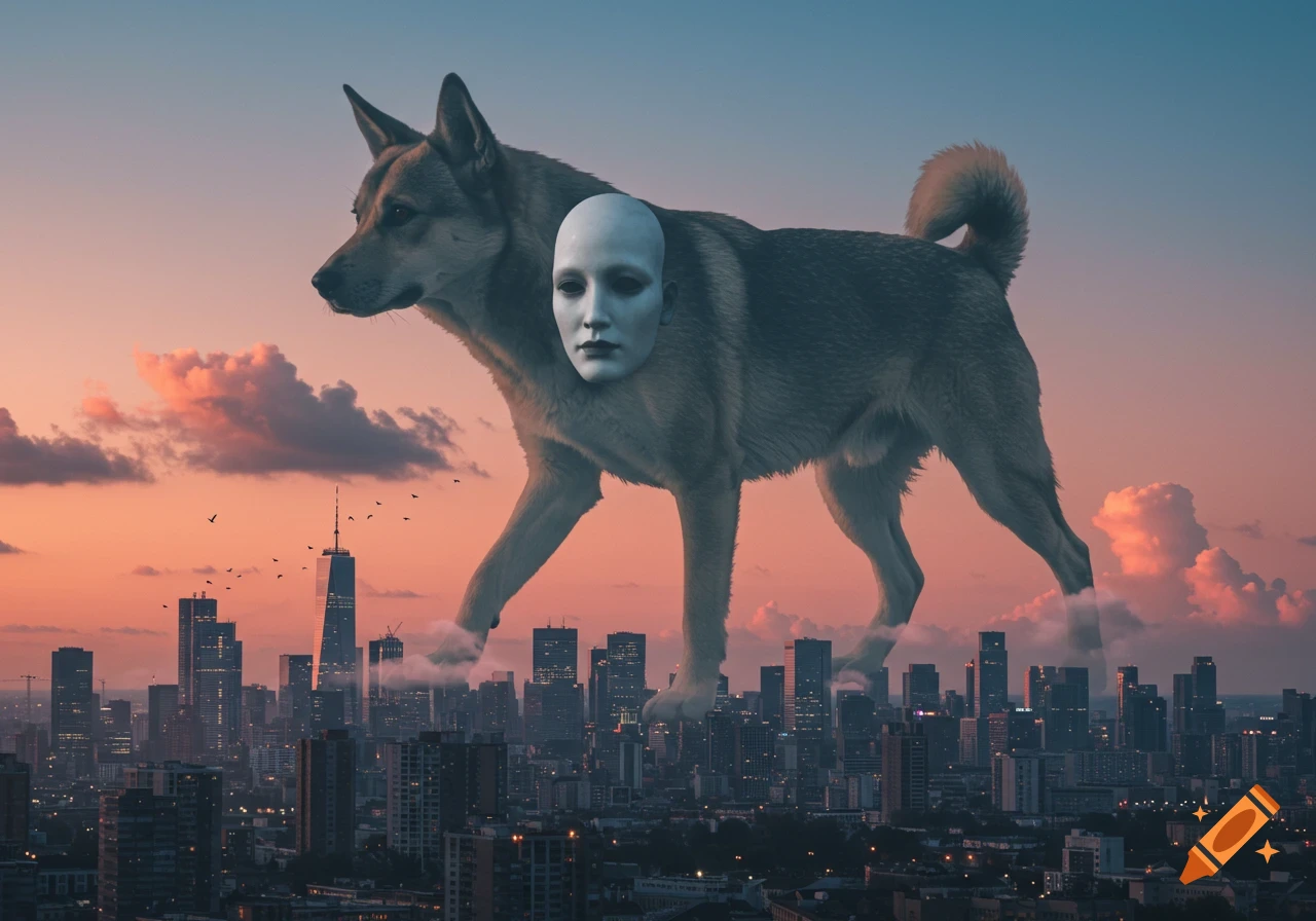 A giant dog with a pale white human face walks on clouds above a city at sunset, in a surreal, photorealistic style.