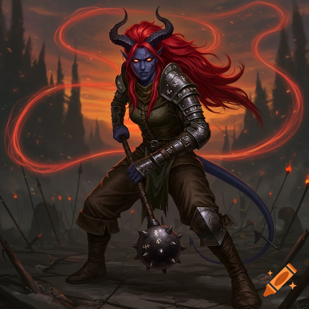 A blue-skinned Tiefling warrior with red hair, black horns, and a tail, wearing armor and holding a spiked mace on a battlefield at sunset with red magic.