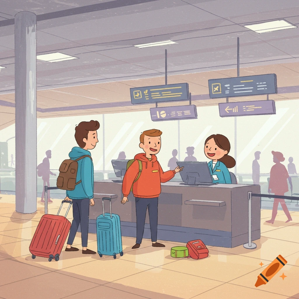 Two cartoon travelers with luggage talk to a staff member at an airport check-in counter in a simple 2D animation style.