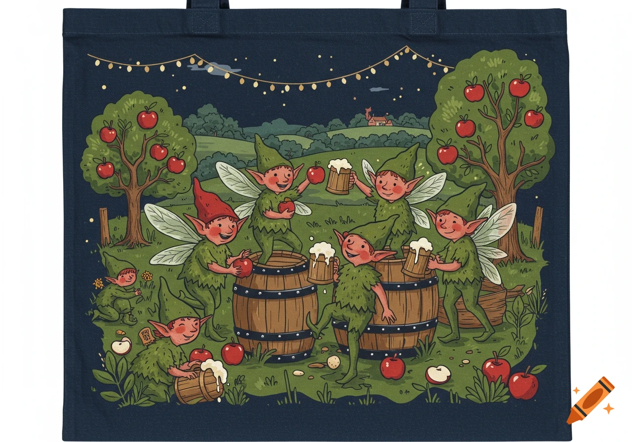 Playful illustration of mischievous Scrumpy Pixies drinking cider in a whimsical Somerset orchard under fairy lights, with barrels and apples.