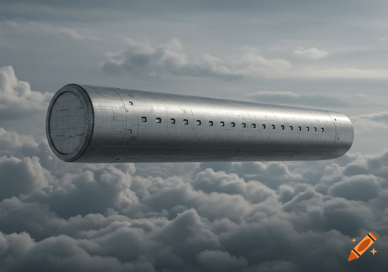 A massive, photorealistic silver metallic cylinder with a row of portholes floats above thick grey clouds.