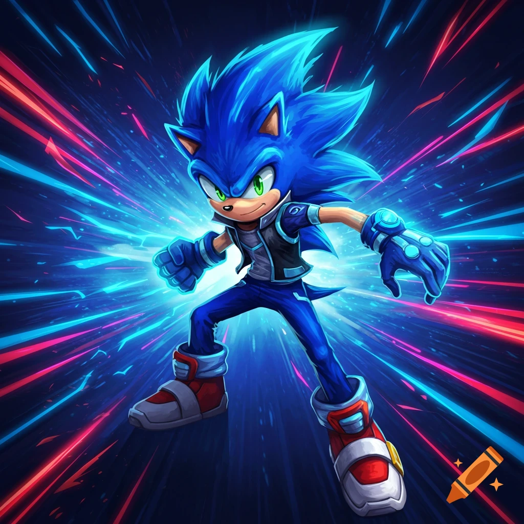 Anime-style Sonic the Hedgehog in a dynamic pose, surrounded by glowing blue and red light streaks.