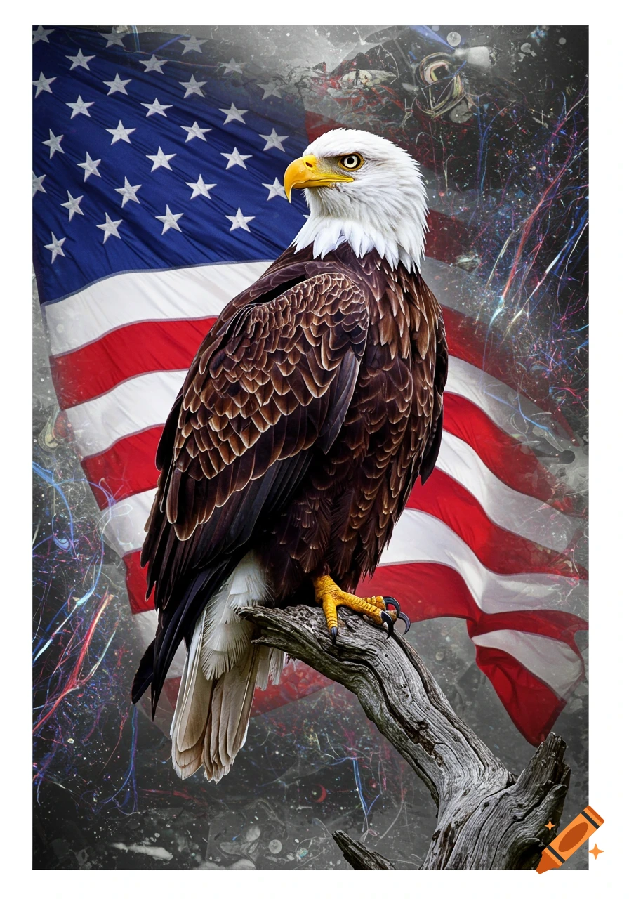 Vibrant bald eagle perched on a branch against a flowing American flag background with a psychedelic, abstract style.