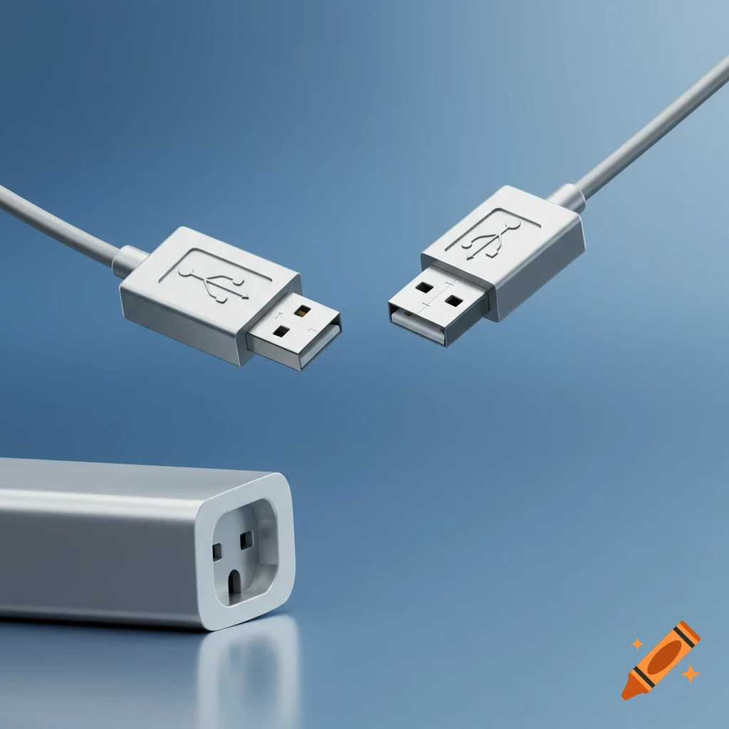 Two white USB-A male connectors floating above a gray power adapter with an empty socket on a blue background, depicting disconnection.