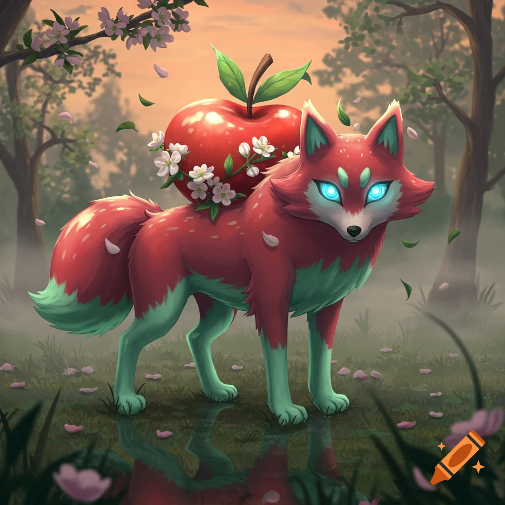 A stylized red and green wolf-like Pokémon with glowing blue eyes carries a large red apple with white flowers on its back in a misty forest.