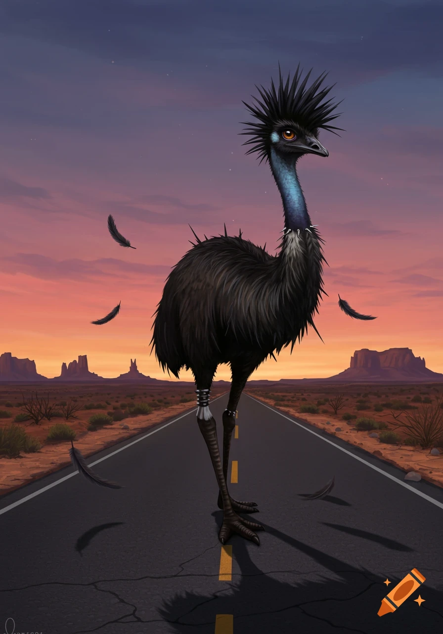 A stylized dark emo emu with spiky feathers and metal leg bands stands on a desert highway at sunset.