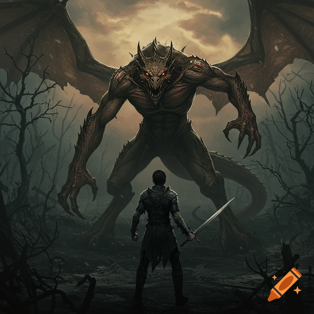 A lone warrior with a sword faces a massive, winged, dragon-like monster in a bleak, dark fantasy landscape under a stormy sky.