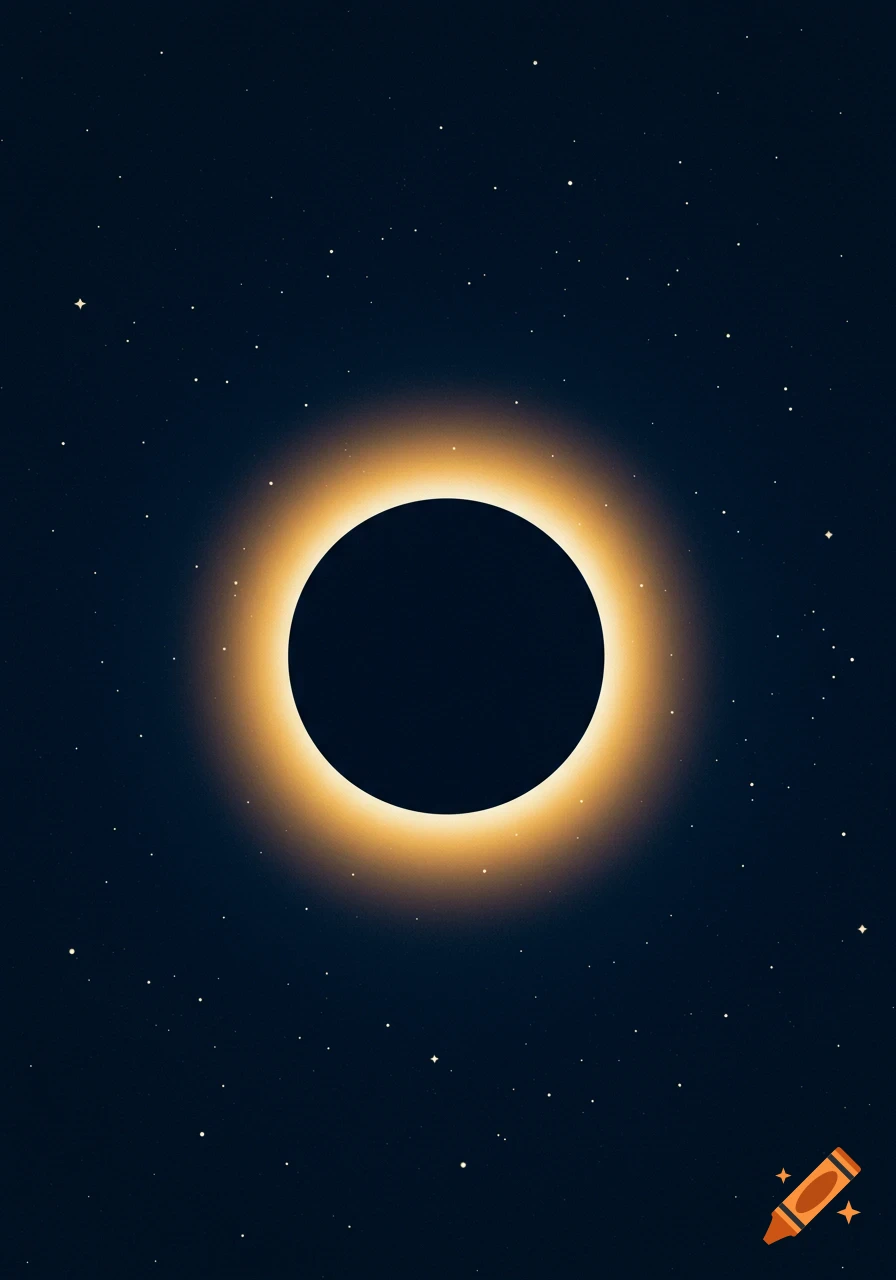 A minimalistic illustration of a total solar eclipse with a black disc surrounded by a vibrant orange corona against a dark, starry blue sky.