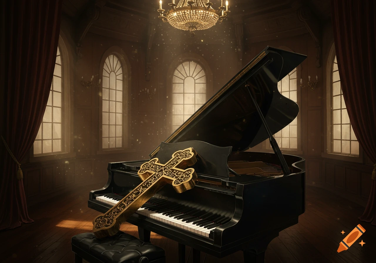 A grand piano with an ornate golden cross resting on it, bathed in light in a luxurious room with arched windows and a chandelier.