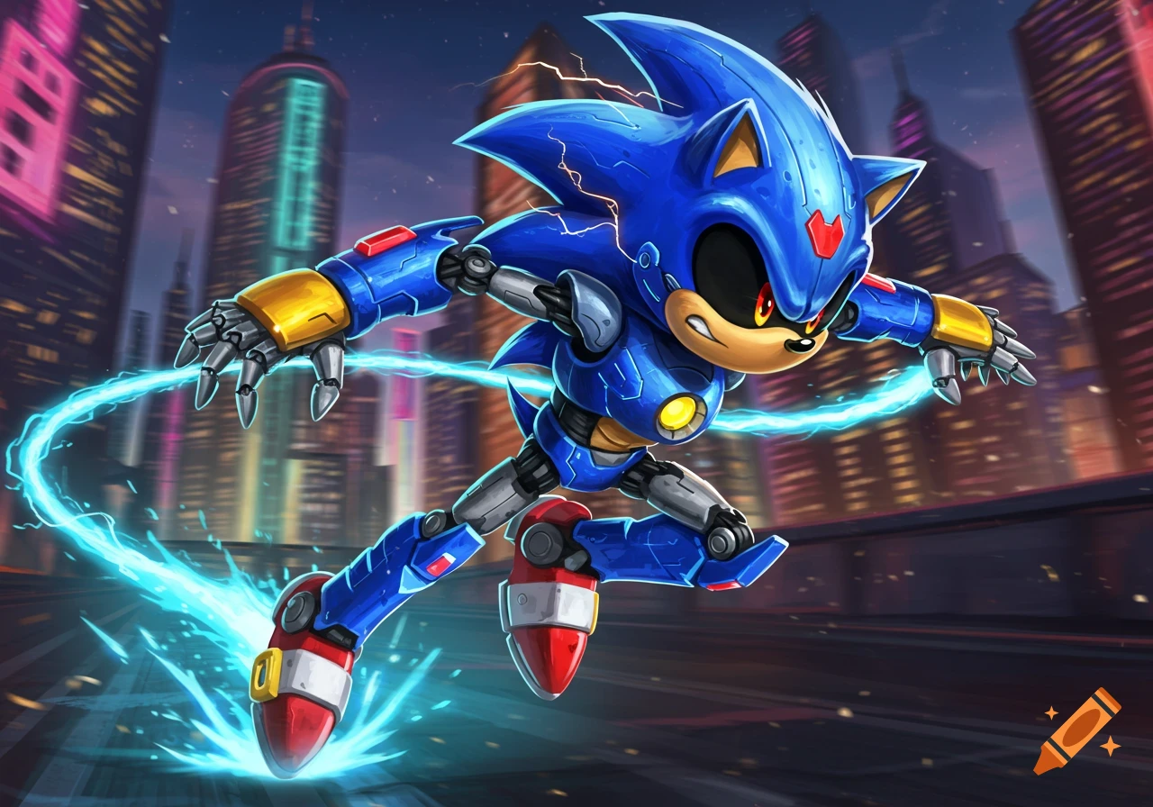 A blue robotic Sonic-like character with red and gold accents runs through a futuristic city at night, leaving a bright blue electric trail.