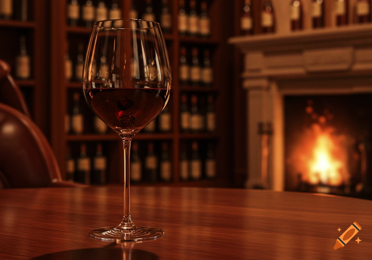 A glass of red wine on a wooden table, with blurred wine shelves and a fireplace in a warm, dim room.