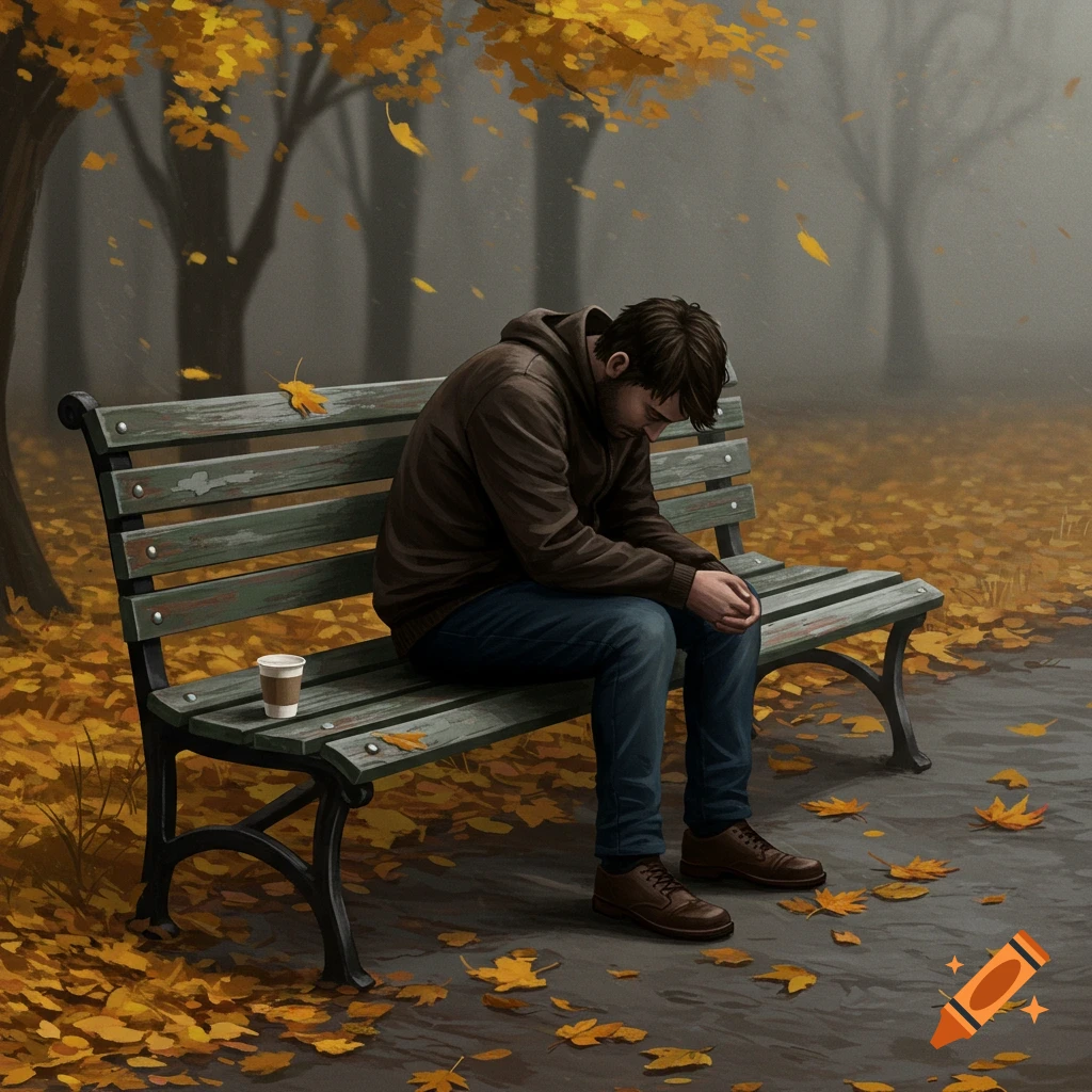 A sad man in a brown hoodie and jeans sits on a park bench, surrounded by yellow autumn leaves. Digital illustration.