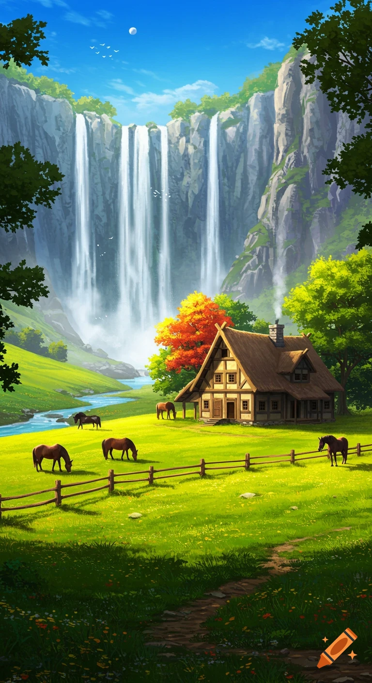 A vibrant illustration of a countryside house nestled in a green valley with horses grazing. A majestic waterfall cascades down cliffs in the background.