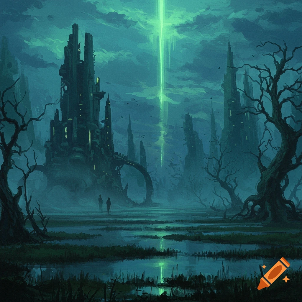 A dark, eerie Lovecraftian landscape with towering, spired structures and a bright green beam of light piercing the cloudy sky, rendered in an oil impressionist style. Two small figures stand in a misty swamp in the foreground with gnarled trees.