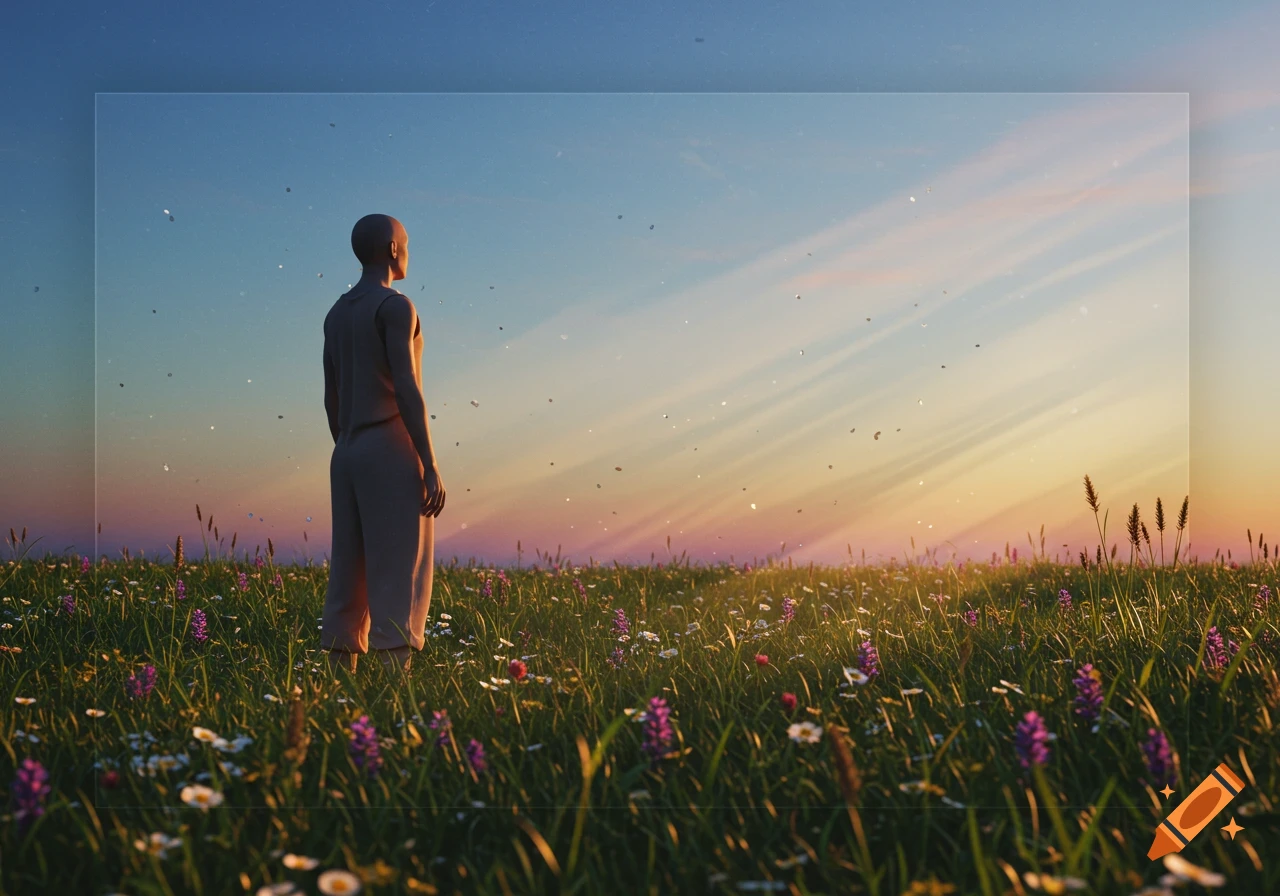 A bald figure stands in a field of wildflowers at sunset, looking towards the horizon.