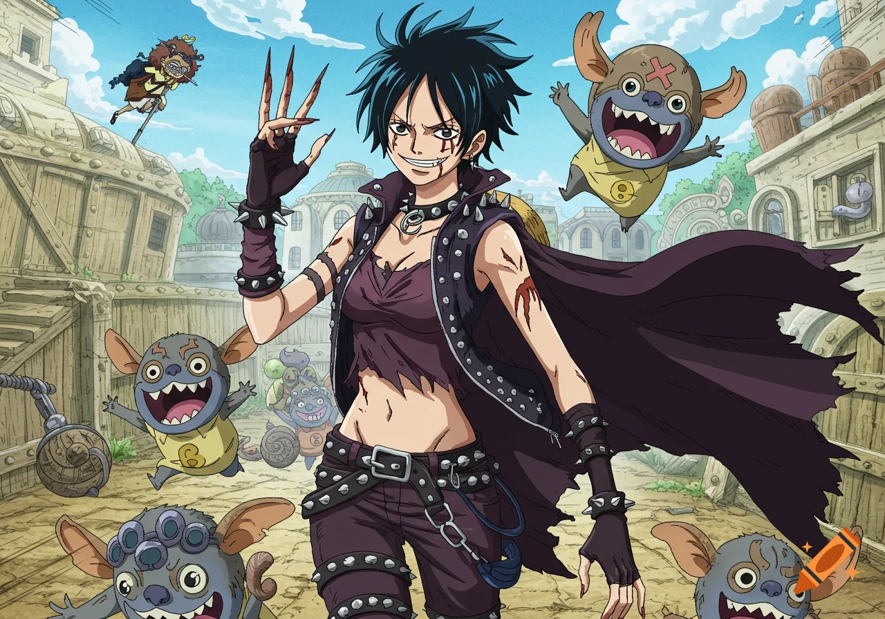 A punk-style woman with dark spiky hair and long claws stands with several happy, bat-eared gremlins in an anime town.