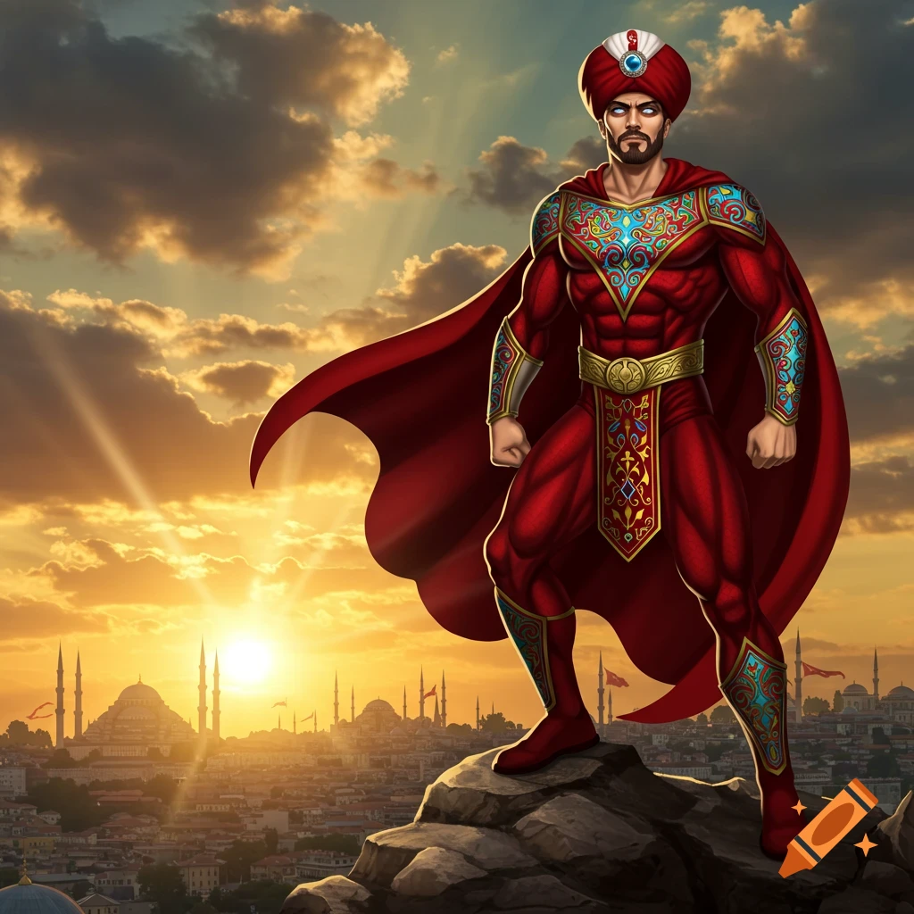 A muscular Turkish superhero in a red and gold suit with a cape and turban stands on a rock overlooking a city at sunset, digital art.